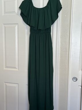 Women's Off-Shoulder Ruffle Maxi Dress - Dark Green
